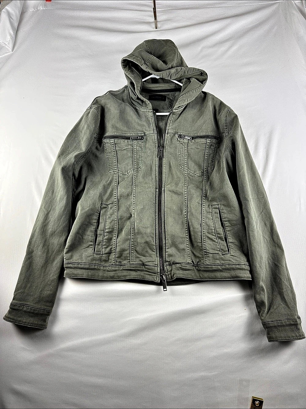 John Varvatos USA Washed Olive Green Hooded Trucker Jacket Knit Size XL EUC